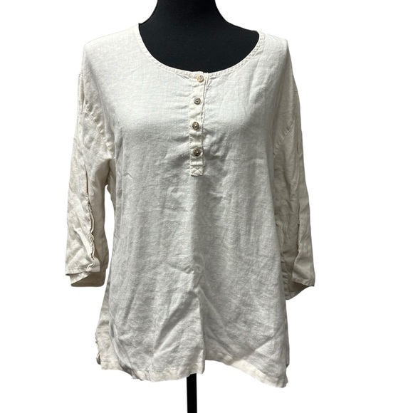 Click Tops - Click Linen Cream Henley Button Boho Tunic Top Medium